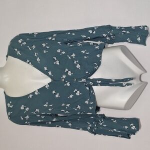 Billabong Teal Floral Button-Up Long Sleeve Blouse